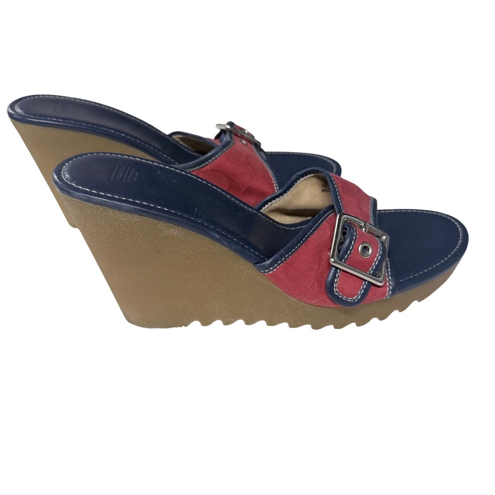 Coach Terry P419 Navy Blue Red Signature C Canvas Leather Wedge Sandals 8.5M